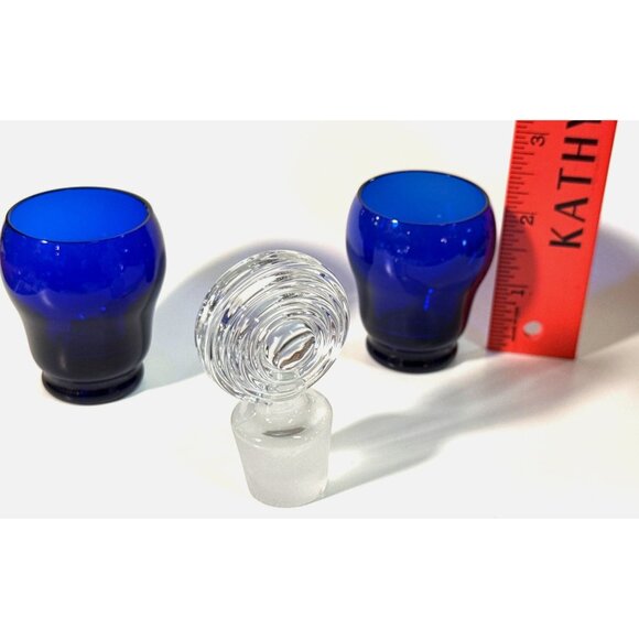 Cobalt Blue Hand-Blown Glass Pitcher & 6 Matching Cups With Swirled Clear Stoppe - Picture 11 of 16